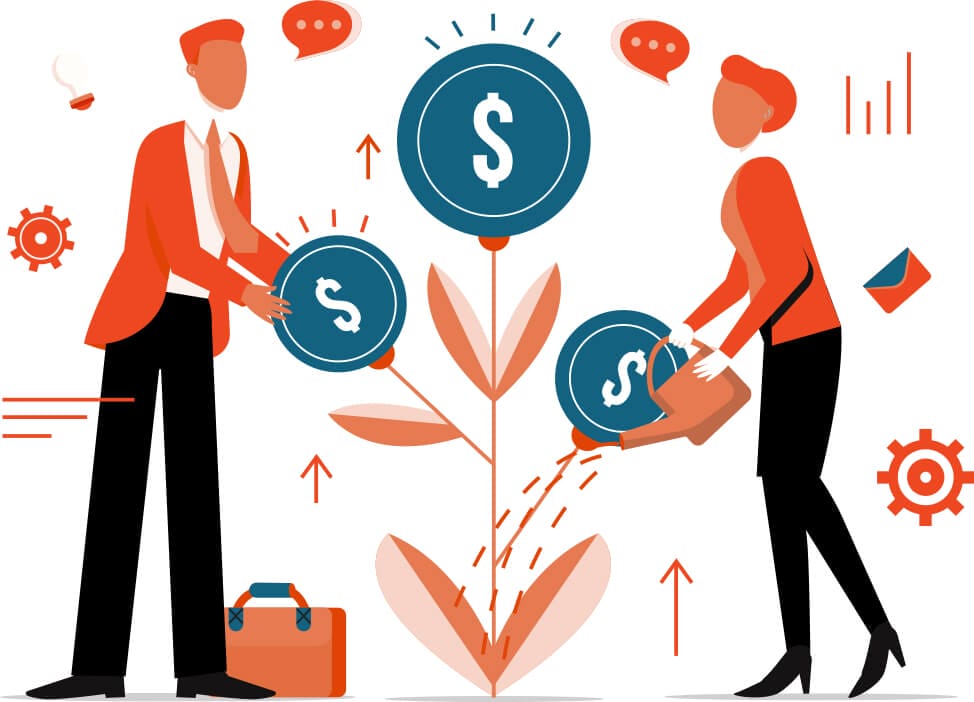 Two people tending a growing plant that bears dollar coins, one holding a coin and one watering it